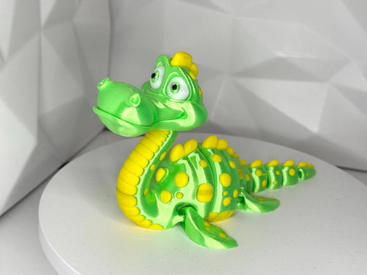 Grüne + gelbe 3d-gedruckte Nessie-Figur in aufrechter Pose, Größe L, Kopf beweglich, segmentierter Körper