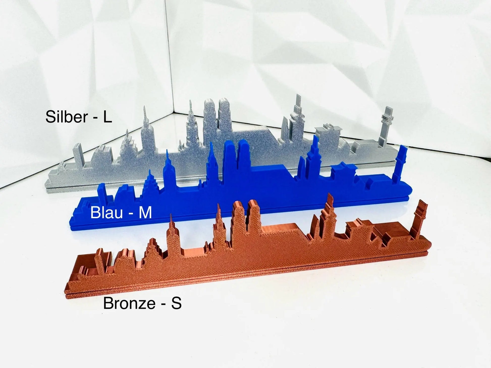 München Stadt Panorama in 3D-Druck – stilvolle Skyline Dekoration Silber Blau Bronze