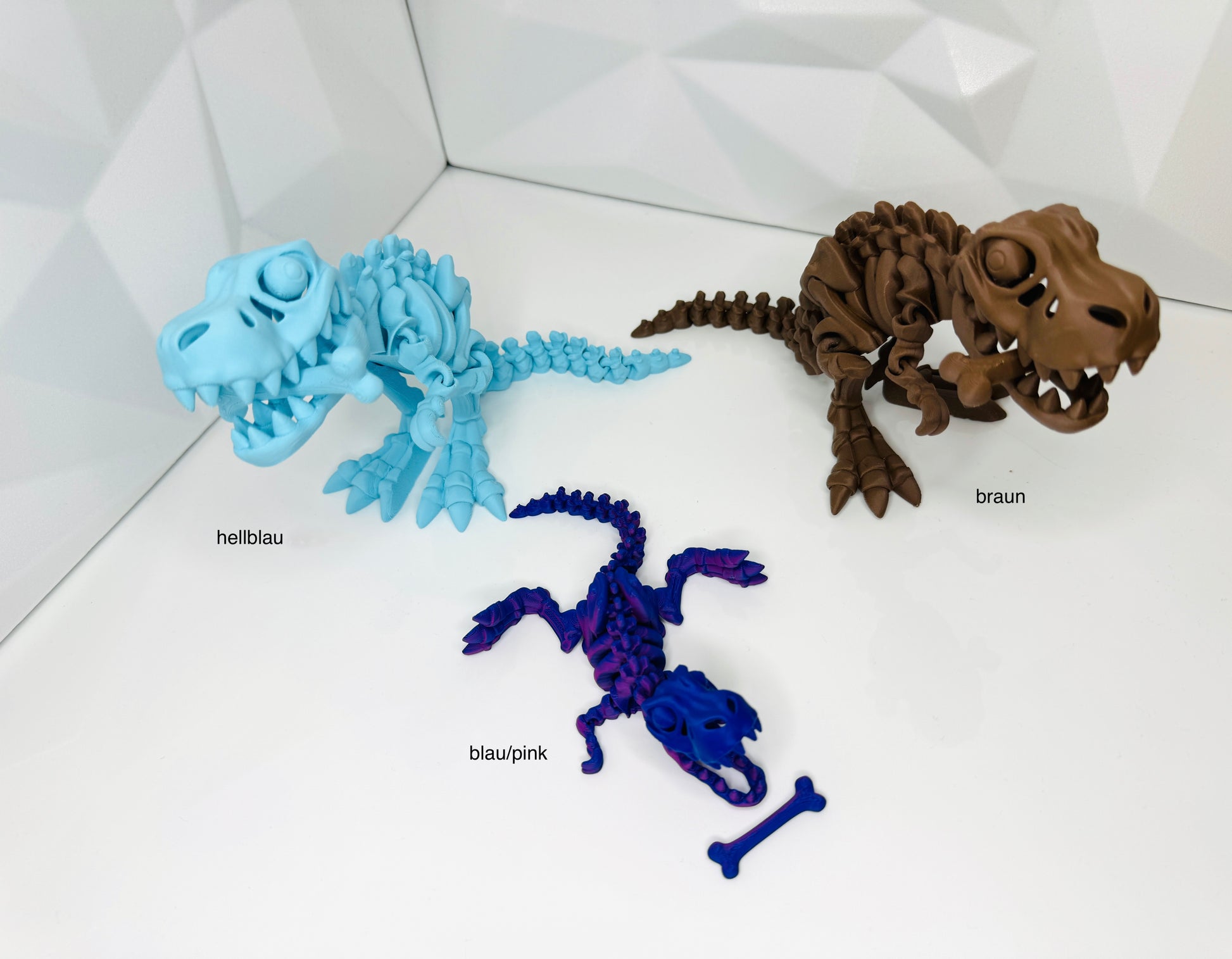 T-Rex 3d-Druck, Größen M und S, Farben braun, hellblau und blau/pink