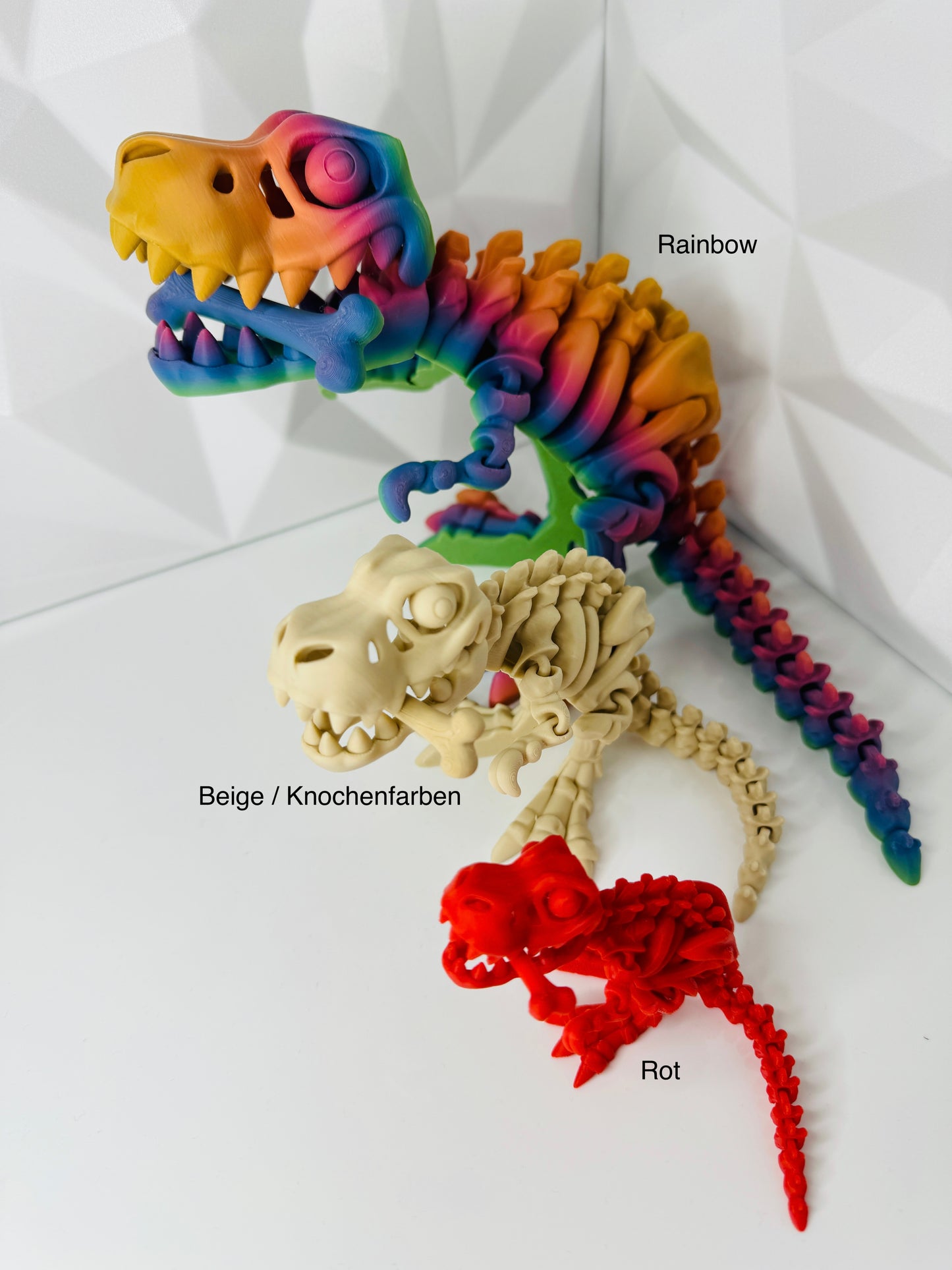 T-Rex 3d-Druck, alle Größen: L, M und S, Farben rainbow, beige und rot