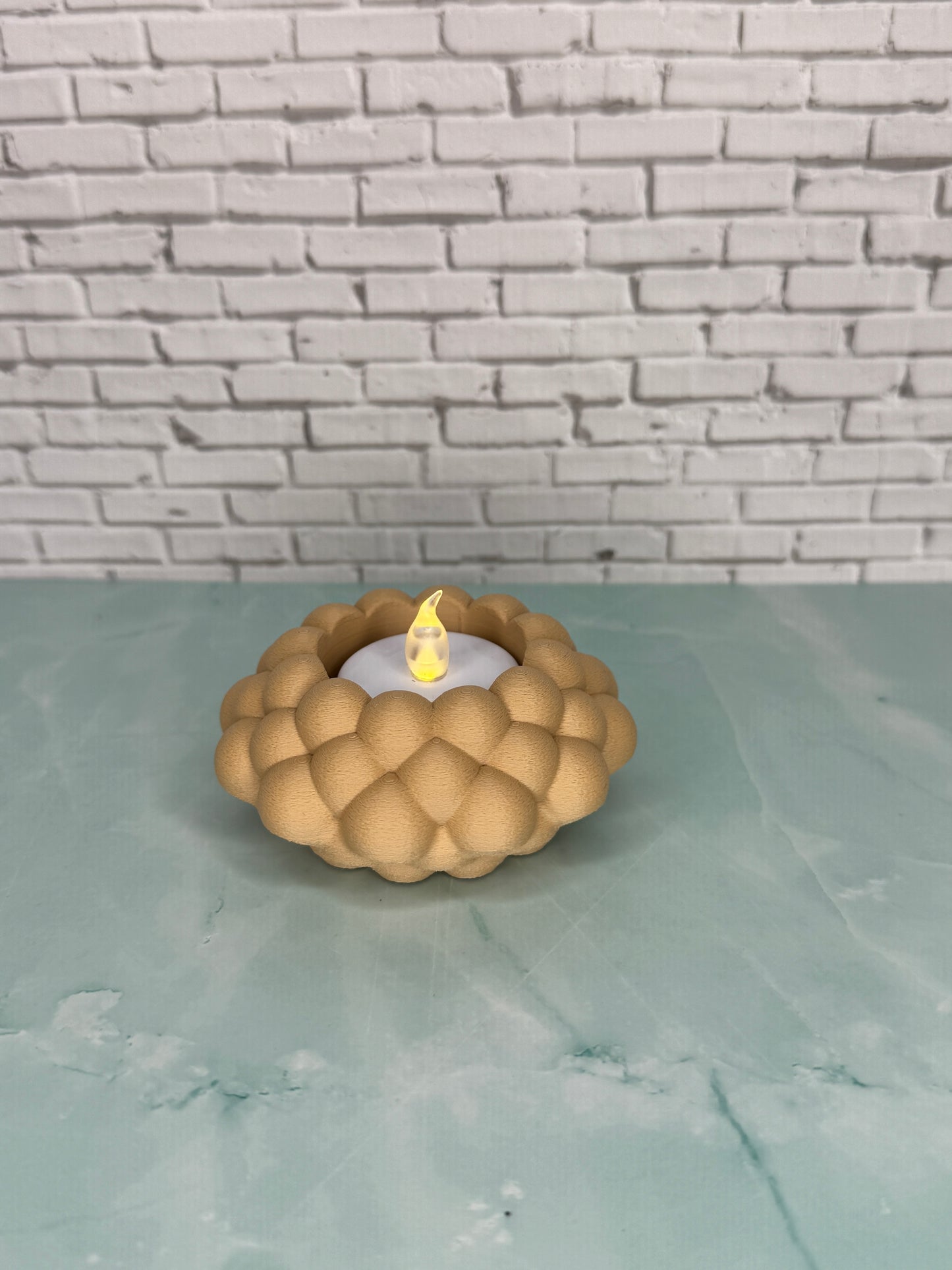 Bubble Teelichthalter mit LED-Teelicht, 3D-gedruckt im modernen skandinavischen Stil, Farbe Beige