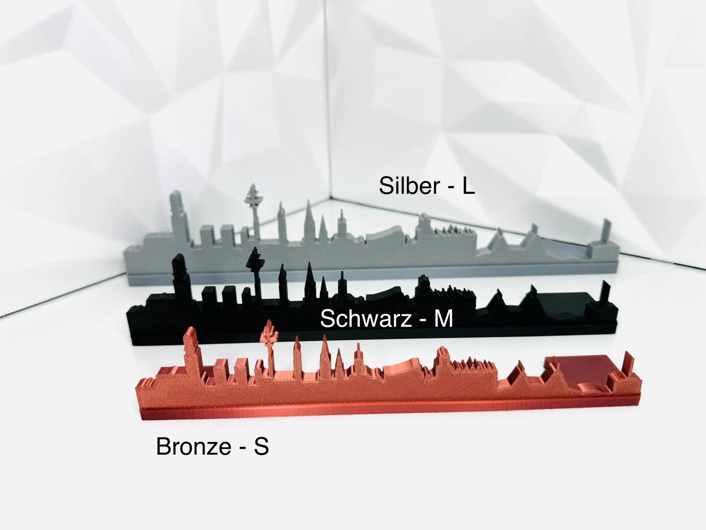 3D-gedruckte Hamburg Skyline als moderne Dekoration für Zuhause oder Büro Silber Bronze Schwarz