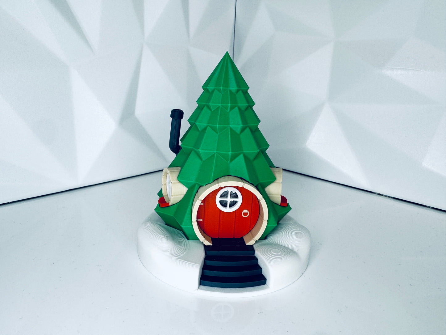 Elfenhaus Weihnachtsbaum Deko im hochwertigen 3D-Druck – leuchtet mit einem LED-Teelicht, front